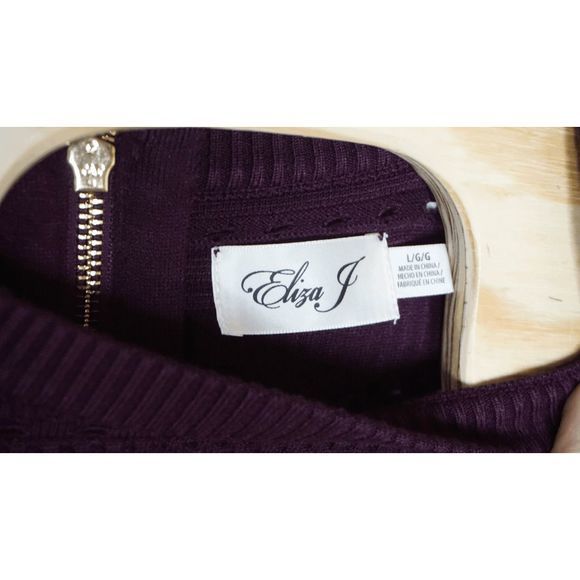 Eliza J‎ Women's Sz Large Plum Long Sleeve Sweater Fit & Flare Cutout Dress - Picture 3 of 6